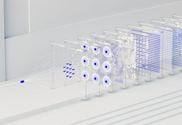 Visual abstraction of neural networks in AI technology, featuring data flow and algorithms.