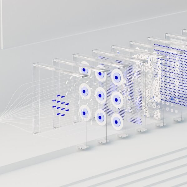 Visual abstraction of neural networks in AI technology, featuring data flow and algorithms.