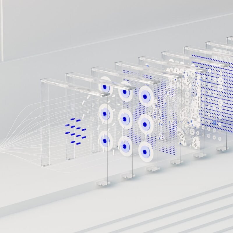Visual abstraction of neural networks in AI technology, featuring data flow and algorithms.