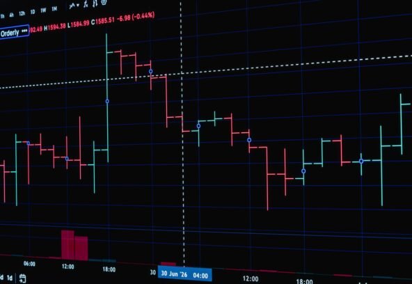 Stock market trading graph with dynamic price changes on digital display.