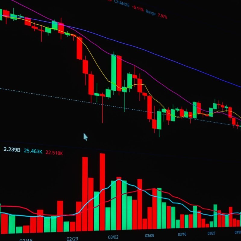 Vibrant digital chart showcasing cryptocurrency market trends with candlestick patterns.
