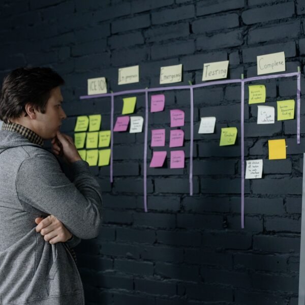 Adult male focusing on task planning using sticky notes on a black wall in a contemporary office setting.