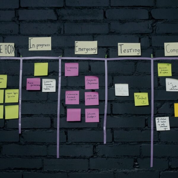 Top-down view of an office Kanban board with colorful sticky notes for task management and organization.