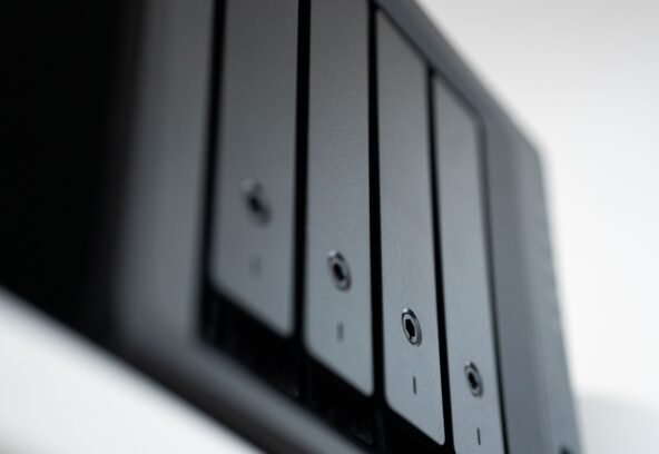Detailed view of a black data storage unit highlighting modern technology and data management.