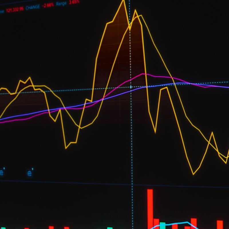 Vibrant graph showing fluctuating stock market trends on a trading screen.